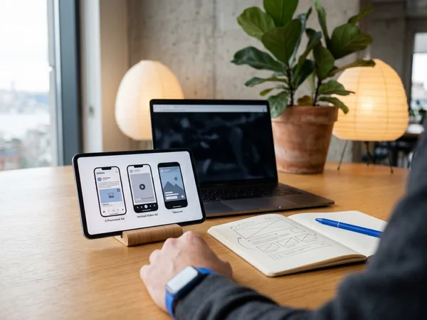 Three phone mockups showing X Promoted Ad, Vertical Video Ad, and Takeover placements side by side