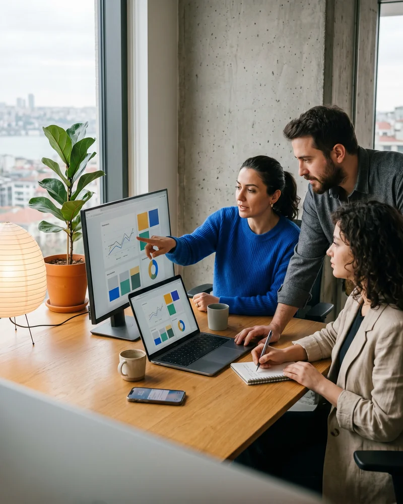 Marketer reviewing X advertising performance and trending conversations on laptop and phone in a modern studio