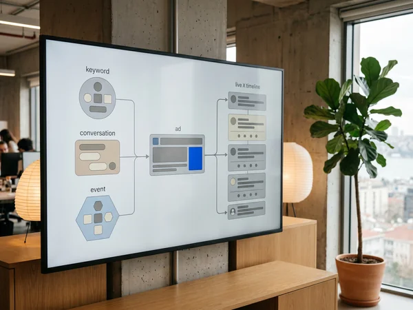 Diagram of keyword, conversation, and event targeting feeding one ad into a live X timeline