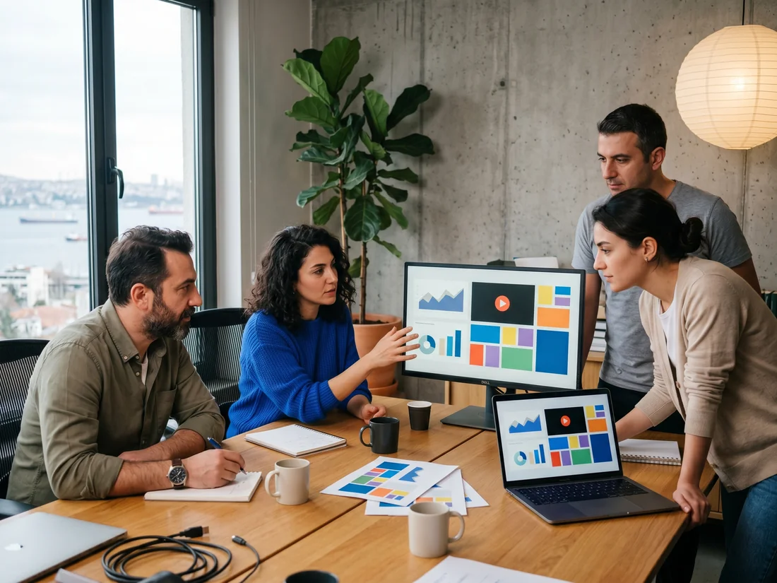 Marketing team reviewing YouTube video ad creative and campaign performance on a monitor