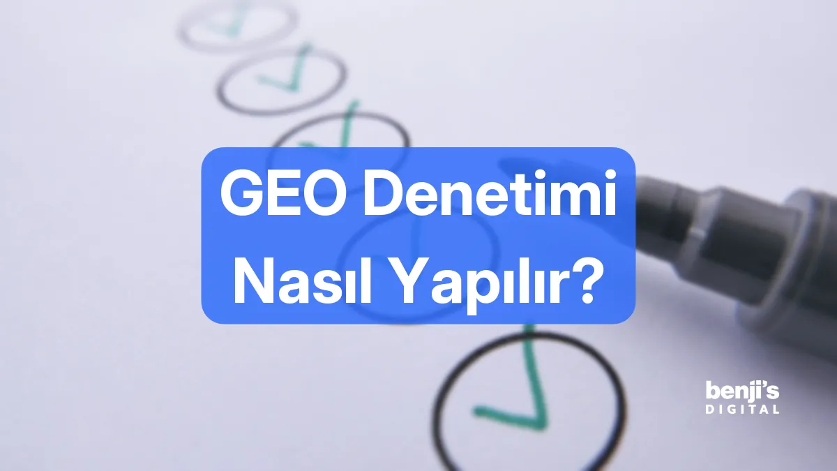 GEO denetimi nasıl yapılır kapak görseli, kağıt üzerinde işaretlenmiş kontrol listesi ve kalem