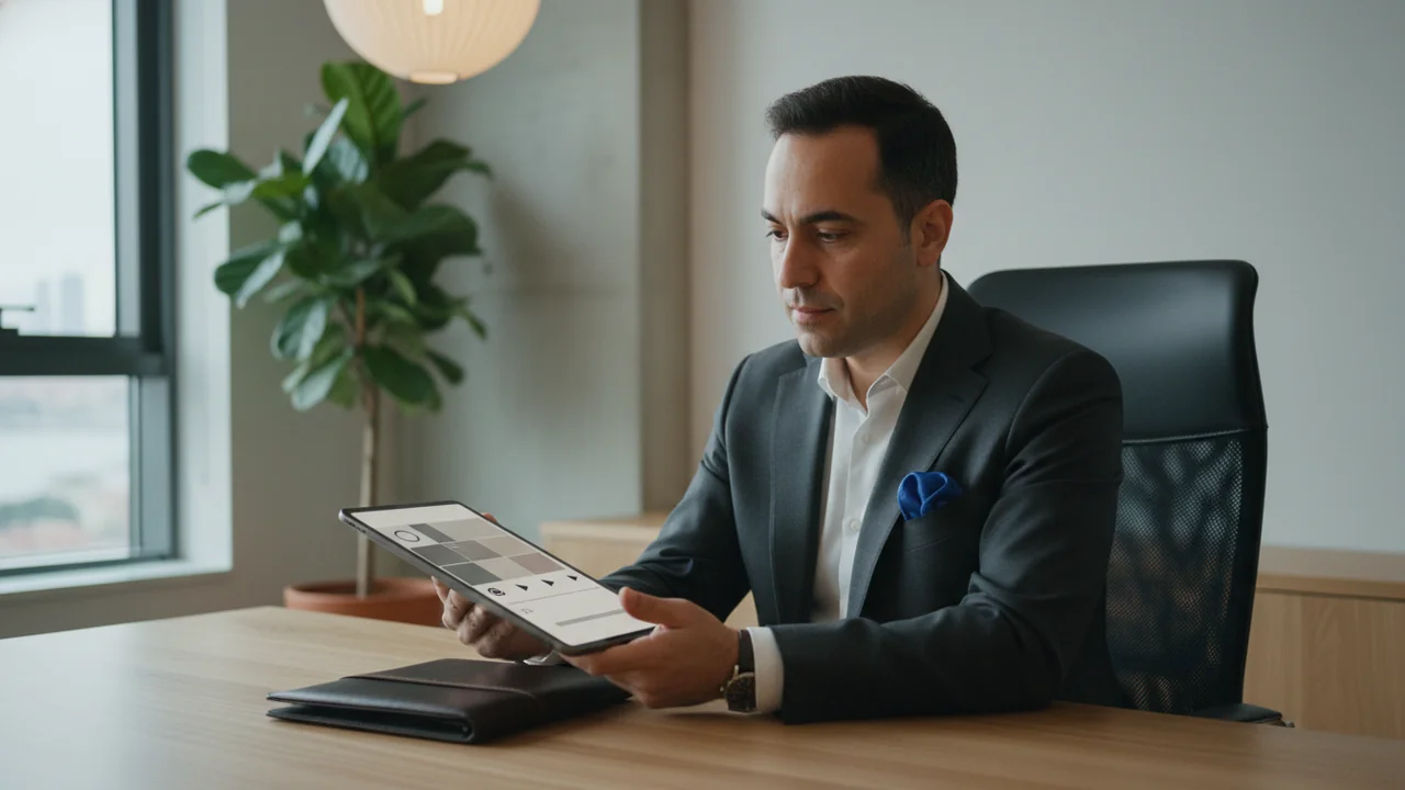 Avukat modern hukuk bürosunda tabletinde sosyal medya içerik takvimini inceliyor
