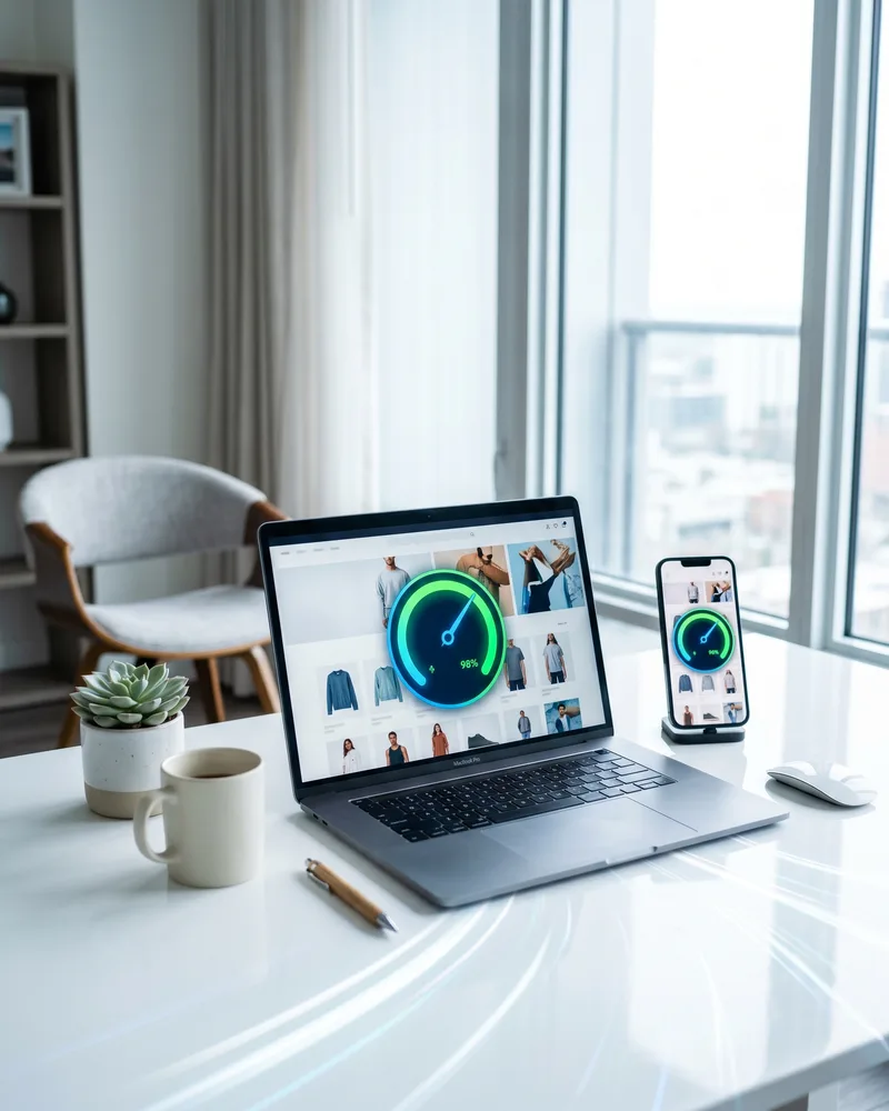 Hızlı yüklenen bir Shopify mağazası ve performans göstergesi görünen modern çalışma ortamı