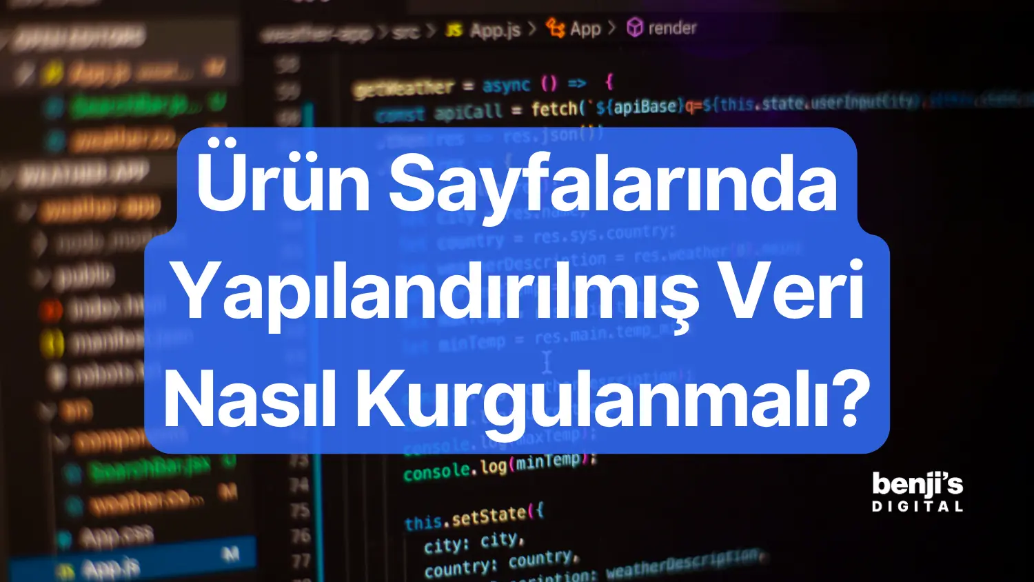 Urun sayfalarinda yapilandirilmis veri kapak gorseli, kod editorunde JavaScript dosyasi